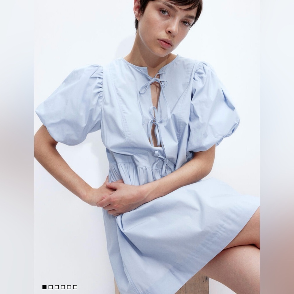 DIVIDED for H&M Light Blue puff sleeve tie front mini Dress size XL